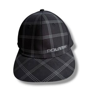 Polaris FlexFit Mens S/M Black Grey Grid Plaid Embroidered Fitted Hat Powersport